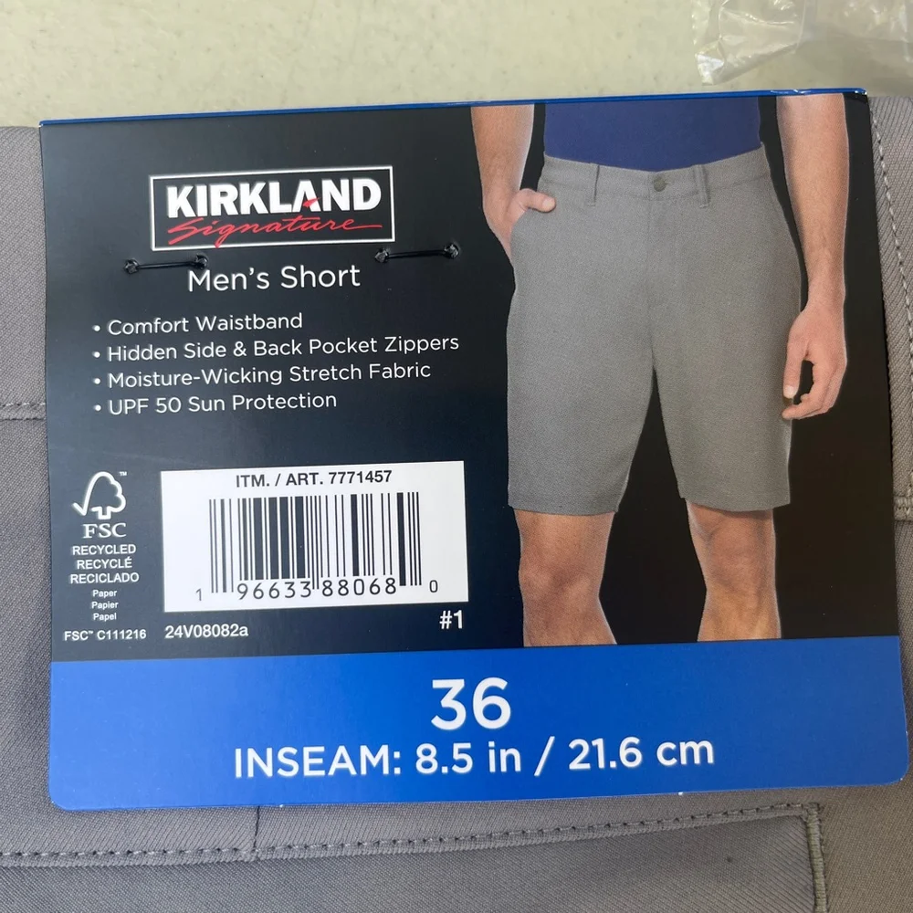 Men's Kirkland Signature Flat Front Shorts Waist 36 Gray NWT